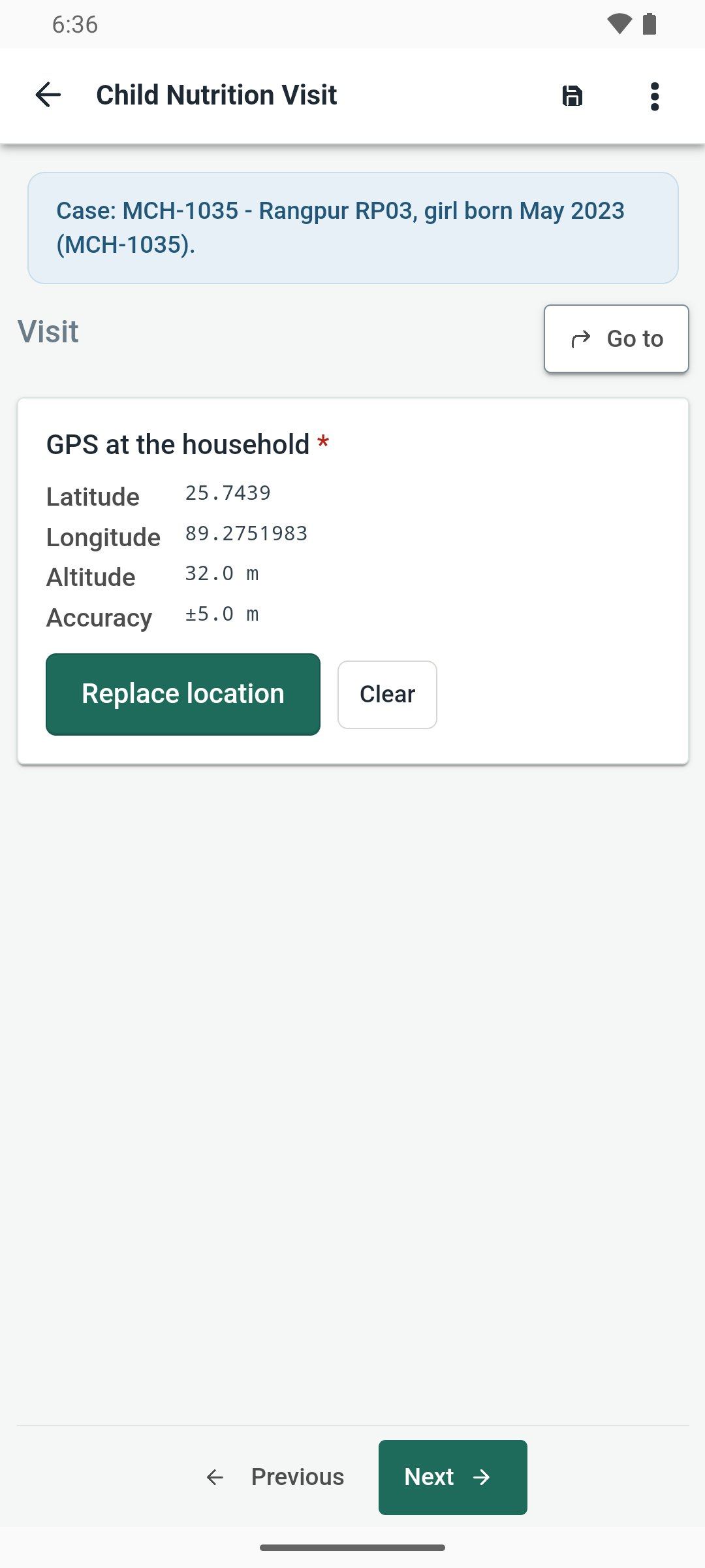 Joripo Collect's GPS question showing latitude, longitude and an accuracy of 5 metres