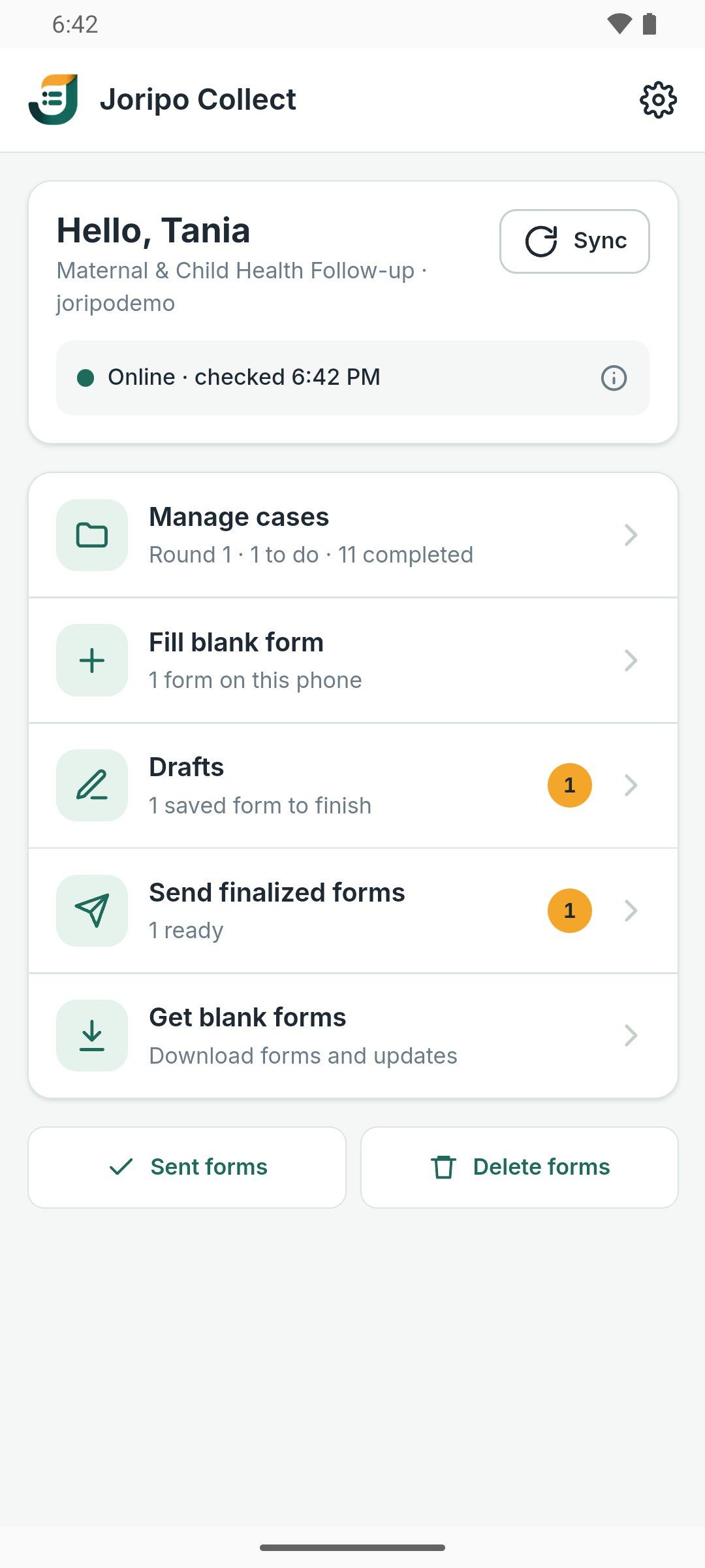 Joripo Collect's home screen: case worklist, blank forms, a draft to finish and a form ready to send