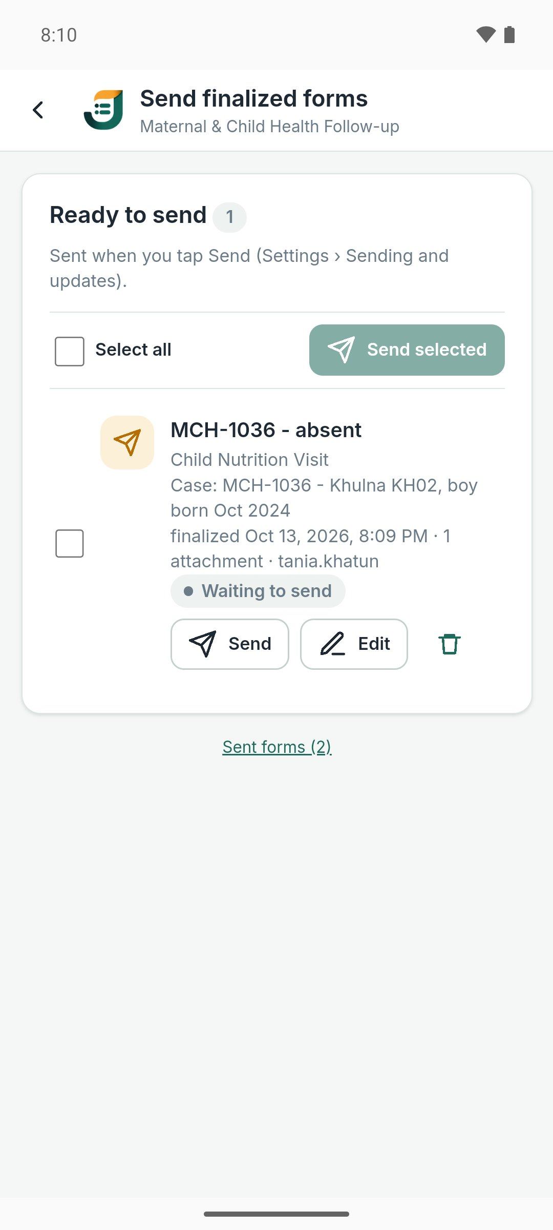 Joripo Collect's Send finalized forms screen with one finished interview waiting to be sent