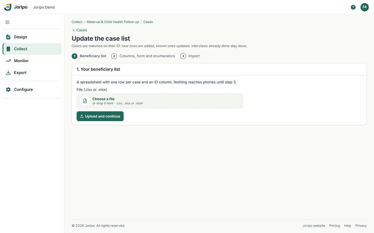 The case list wizard's first step: upload a beneficiary list as CSV or Excel