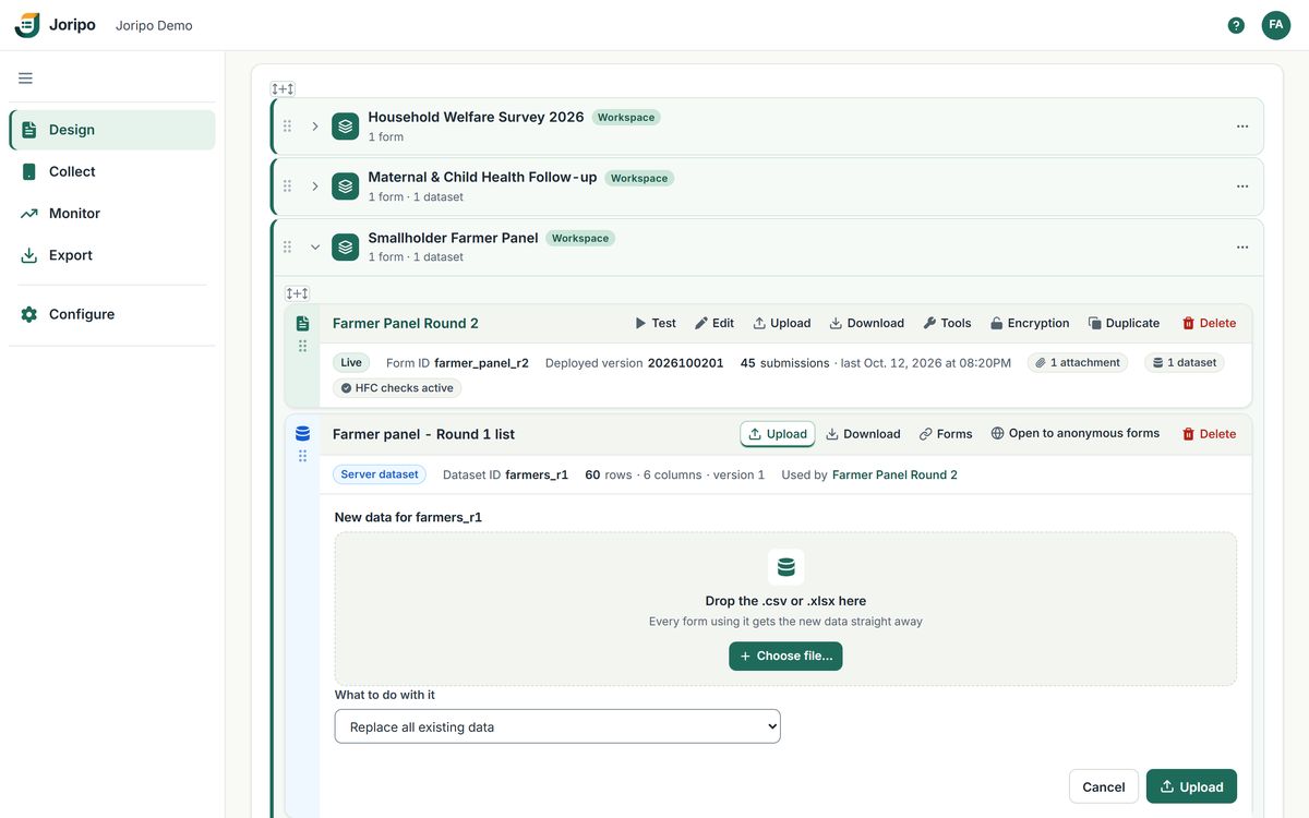 Server datasets: a preload table attached to a form, with records, columns, version and upload options