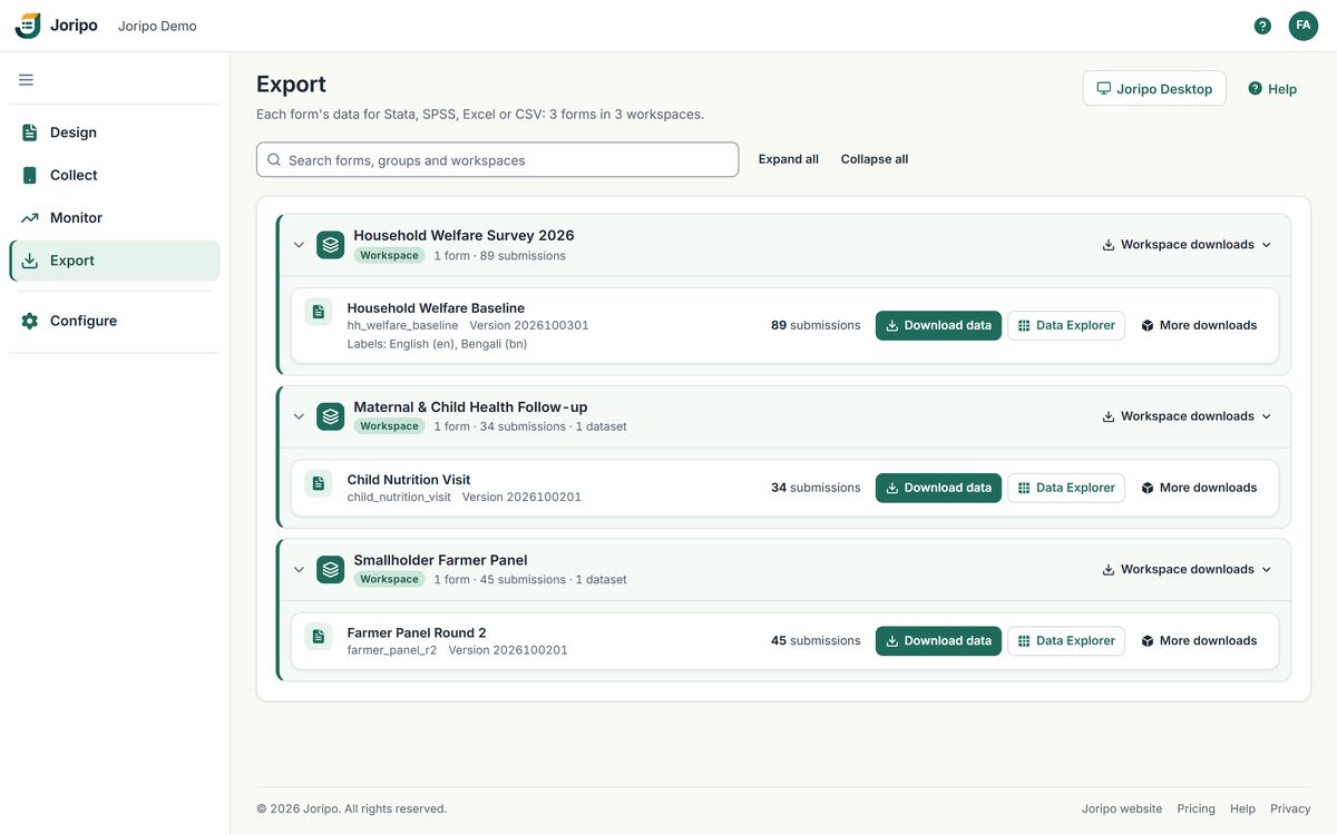 The Export page: every workspace's forms with Download data, Data Explorer and More downloads