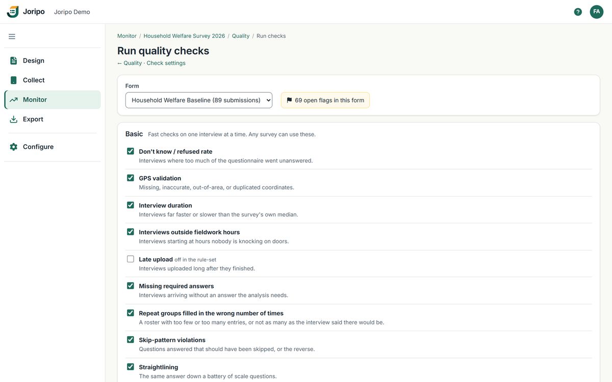 Run quality checks: checks grouped by tier with tick boxes, ready to run over a form's data
