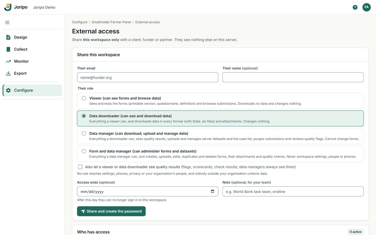 External access: sharing one workspace with someone outside the organisation in one of four roles, with an optional end date